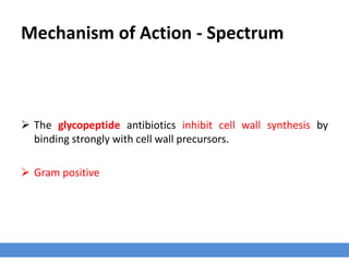 Mechanism of Action - Spectrum
 The glycopeptide antibiotics inhibit cell wall synthesis by
binding strongly with cell wall precursors.
 Gram positive
 
