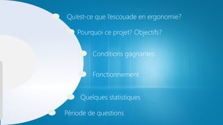 Qu’est-ce que l’escouade en ergonomie?
Pourquoi ce projet? Objectifs?
Conditions gagnantes
Fonctionnement
Quelques statistiques
Période de questions

 