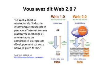 Vous	
  avez	
  dit	
  Web	
  2.0	
  ?	
  
	
  ”Le	
  Web	
  2.0	
  est	
  la	
  
révolu3on	
  de	
  l'industrie	
  
informa3que	
  causée	
  par	
  le	
  
passage	
  à	
  l'Internet	
  comme	
  
plateforme	
  d’échange	
  et	
  
une	
  tenta3ve	
  de	
  
comprendre	
  les	
  règles	
  de	
  
développement	
  sur	
  ceCe	
  
nouvelle	
  plate-­‐forme.”	
  
	
  
	
  
	
  Tim	
  O'Reilly	
  (2006-­‐12-­‐10).	
  
Web	
  2.0	
  Compact	
  Deﬁni3on:	
  Trying	
  Again.	
  	
  
 