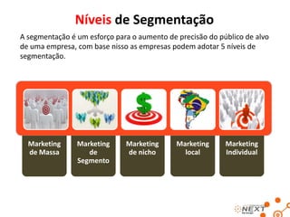 Níveis de Segmentação
A segmentação é um esforço para o aumento de precisão do público de alvo
de uma empresa, com base nisso as empresas podem adotar 5 níveis de
segmentação.

Marketing
de Massa

Marketing
de
Segmento

Marketing
de nicho

Marketing
local

Marketing
Individual

 