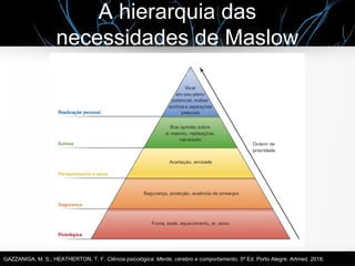 A hierarquia das
necessidades de Maslow
GAZZANIGA, M. S.; HEATHERTON, T. F. Ciência psicológica: Mente, cérebro e comportamento. 5ª Ed. Porto Alegre: Artmed. 2018.
 