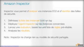 Amazon Inspector
Inspector vous permet d’analyser vos instances EC2 et d’identiﬁer des failles
de sécurité.

1.  Déﬁnissez la liste des instances avec un tag
2.  Déployez l’agent Inspector sur les instances concernées
3.  Lancez une évaluation, basée sur une liste de règles pré-établie.
4.  Analysez les résultats.
Note : Inspector ne change rien au modèle de sécurité partagée.
https://aws.amazon.com/inspector/
 