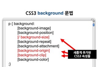 CSS3 background 문법

p { background:
      [background-image]
      [background-position]
      [/ background-size]
      [background-repeat]
      [background-attachment]
      [background-origin]       새롭게 추가된
      [background-clip]         CSS3 속성들
      [background-color]
;}
 