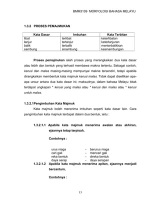 BMM3109 MORFOLOGI BAHASA MELAYU



1.3.2 PROSES PEMAJMUKAN

       Kata Dasar                 Imbuhan               Kata Terbitan
libat                    terlibat                   keterlibatan
lanjur                   terlanjur                  keterlanjuran
balik                    terbalik                   menterbalikkan
sambung                  sinambung                  kesinambungan


      Proses pemajmukan ialah proses yang merangkaikan dua kata dasar
atau lebih dan bentuk yang terhasil membawa makna tertentu. Sebagai contoh,
kerusi dan malas masing-masing mempunyai makna tersendiri, tetapi apabila
dirangkaikan membentuk kata majmuk kerusi malas. Tidak dapat diselitkan apa-
apa unsur antara dua kata dasar ini; maksudnya, dalam bahasa Melayu tidak
terdapat ungkapan * kerusi yang malas atau * kerusi dan malas atau * kerusi
untuk malas.


1.3.2.1Pengimbuhan Kata Majmuk
      Kata majmuk boleh menerima imbuhan seperti kata dasar lain. Cara
pengimbuhan kata majmuk terdapat dalam dua bentuk, iaitu :


      1.3.2.1.1 Apabila kata majmuk menerima awalan atau akhiran,
                ejaannya tetap terpisah.

                Contohnya :


                 urus niaga          - berurus niaga
                 cari gali           - mencari gali
                 reka bentuk         - direka bentuk
                 daya serap          - daya serapan
      1.3.2.1.2 Apabila kata majmuk menerima apitan, ejaannya menjadi
                bercantum,

                Contohnya :



                                     13
 