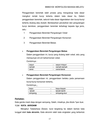 BMM3109 MORFOLOGI BAHASA MELAYU


        Penggandaan berentak ialah proses yang mengulangi kata dasar
        mengikut      rentak   bunyi   tertentu       dalam   kata    dasar   itu.   Dalam
        penggandaan berentak, seluruh kata dasar digandakan dan bunyi-bunyi
        tertentu diulang atau diubah. Berdasarkan perubahan dan pengulangan
        bunyi demikian, penggandaan berentak terbahagi kepada tiga jenis,
        iaitu :
            1      Penggandaan Berentak Pengulangan Vokal

            2      Penggandaan Berentak Pengulangan Konsonan

            3      Penggandaan Berentak Bebas



        •       Penggandaan Berentak Pengulangan Bebas
                Dalam penggandaan ini, bunyi yang diulang ialah vokal, iaitu yang
                mempunyai ciri-ciri keharmonian vokal,
                Contohnya :
                  sayur                           -    sayur-mayur
                  ramah                           -    ramah-tamah
                  cerai                           -    cerai-berai

        •       Penggandaan Berentak Pengulangan Konsonan
                Dalam penggandaan ini, penggandaan berlaku pada persamaan
                bunyi-bunyi konsonan tertentu,
                Contohnya :
                  kayu                      -          kayu-kayan
                   tanah                    -          tanah-tanih
                  simpang                   -          simpang-siur

Perhatian:
Kata ganda mesti dieja dengan sempang. Salah, misalnya, jika ditulis *ipar duai.
1.3.4 KATA AKRONIM
      Mengikut Tatabahasa Dewan, turut tergolong ke dalam bentuk kata
tunggal ialah kata akronim. Kata akronim ialah kata singkatan yang terbentuk


                                          17
 
