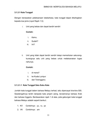 BMM3109 MORFOLOGI BAHASA MELAYU


3.1.3.1 Kata Tunggal

Dengan berasaskan pelaksanaan tatabahasa, kata tunggal dapat dibahagikan
kepada dua jenis (rujuk Rajah 1.5):

         i.   Unit yang bebas dan dapat berdiri sendiri

              Contoh:

                i.    Kamu.

               ii.    Sudah?
               iii.   Ini?




        ii.   Unit yang tidak dapat berdiri sendiri tetapi memerlukan sekurang-
              kurangnya satu unit yang bebas untuk melaksanakan tugas
              nahunya.

              Contoh:

                i.    di mana?

               ii.    ke Kuala Lumpur
               iii.   dari Terengganu

3.1.3.1.1 Kata Tunggal Satu Suku Kata

Jumlah kata tunggal dalam bahasa Melayu terhad, iaitu dipercayai kira-kira 500.
Sesetengahnya terdiri daripada kata pinjam asing, terutamanya bahasa Arab
dan bahasa Inggeris. Berdasarakan rajah 1 di atas, pola gabungan kata tunggal
bahasa Melayu adalah seperti berikut :

   1. KV      Contohnya : yu, ru, ya

   2. VK      Contohnya : am

                                         33
 