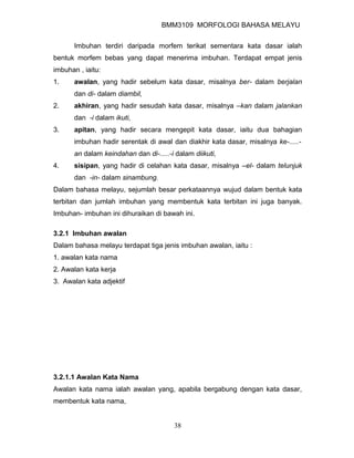 BMM3109 MORFOLOGI BAHASA MELAYU


       Imbuhan terdiri daripada morfem terikat sementara kata dasar ialah
bentuk morfem bebas yang dapat menerima imbuhan. Terdapat empat jenis
imbuhan , iaitu:
1.     awalan, yang hadir sebelum kata dasar, misalnya ber- dalam berjalan
       dan di- dalam diambil,
2.     akhiran, yang hadir sesudah kata dasar, misalnya –kan dalam jalankan
       dan -i dalam ikuti,
3.     apitan, yang hadir secara mengepit kata dasar, iaitu dua bahagian
       imbuhan hadir serentak di awal dan diakhir kata dasar, misalnya ke-.....-
       an dalam keindahan dan di-.....-i dalam diikuti,
4.     sisipan, yang hadir di celahan kata dasar, misalnya –el- dalam telunjuk
       dan -in- dalam sinambung.
Dalam bahasa melayu, sejumlah besar perkataannya wujud dalam bentuk kata
terbitan dan jumlah imbuhan yang membentuk kata terbitan ini juga banyak.
Imbuhan- imbuhan ini dihuraikan di bawah ini.

3.2.1 Imbuhan awalan
Dalam bahasa melayu terdapat tiga jenis imbuhan awalan, iaitu :
1. awalan kata nama
2. Awalan kata kerja
3. Awalan kata adjektif




3.2.1.1 Awalan Kata Nama
Awalan kata nama ialah awalan yang, apabila bergabung dengan kata dasar,
membentuk kata nama,


                                        38
 