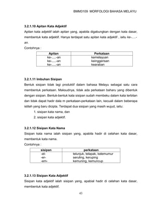 BMM3109 MORFOLOGI BAHASA MELAYU



3.2.1.10 Apitan Kata Adjektif
Apitan kata adjektif ialah apitan yang, apabila digabungkan dengan kata dasar,
membentuk kata adjektif. Hanya terdapat satu apitan kata adjektif , iaitu ke-.....-
an.
Contohnya :
                 Apitan                            Perkataan
                ke-.....-an                      kemelayuan
                ke-.....-an                      keinggerisan
                ke-.....-an                      kearaban



3.2.1.11 Imbuhan Sisipan
Bentuk sisipan tidak lagi produktif dalam bahasa Melayu sebagai satu cara
membentuk perkataan. Maksudnya, tidak ada perkataan baharu yang dibentuk
dengan sisipan. Bentuk-bentuk kata sisipan sudah membeku dalam kata terbitan
dan tidak dapat hadir dala m perkataan-perkataan lain, kecuali dalam beberapa
istilah yang baru dicipta. Terdapat dua sisipan yang masih wujud, iaitu:
      1. sisipan kata nama, dan
      2. sisipan kata adjektif.


3.2.1.12 Sisipan Kata Nama
Sisipan kata nama ialah sisipan yang, apabila hadir di celahan kata dasar,
membentuk kata nama.
Contohnya :
            sisipan                        perkataan
            -el-                   telunjuk, telapak, kelemumur
            -er-                   seruling, keruping
            -em-                   kemuning, kemuncup



3.2.1.13 Sisipan Kata Adjektif
Sisipan kata adjektif ialah sisipan yang, apabial hadir di celahan kata dasar,
membentuk kata adjektif.

                                        43
 