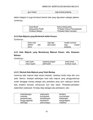 BMM3109 MORFOLOGI BAHASA MELAYU


                guru besar                        segi empat panjang

dalam kategori ini juga termasuk bentuk kata yang digunakan sebagai gelaran,
contohnya :


                  Duta Besar                          Ketua Setiausaha
                  Setiausaha Politik                  Timbalan Ketua Perpustakaan
                  Profesor Madya                      Timbalan Naib Canselor

4.2.2 Kata Majmuk yang Berbentuk Istilah khusus
Contohnya :
                deria rasa               segi tiga           medan sinaran
                telefon    dail          pita suara          segi       empat
                terus                                        panjang

4.2.3 Kata Majmuk yang Mendukung Maksud Kiasan, iaitu Simpulan
Bahasa
Contohnya :
              kaki ayam            panjang tangan             anak emas
              rabun ayam           pilih kasih                tumbuk rusuk



4.2.3.1 Bentuk Kata Majmuk yang Telah Mantap
Lazimnya kata majmuk dieja secara terpisah, misalnya kertas kerja dan urus
setia. Namun, terdapat sebilangan kecil kata majmuk yang penggunaannya
sudah dianggap mantap sebagai satu perkataan yang utuh, walaupun bentuk
kata tersebut ternyata mempunyai dua kata dasar. Perkataan-perkataan
sedemikian (sebanyak 15) tetap dieja sebagai satu perkataann, iaitu :


       antarabangsa             setiausaha              beritahu
       sukarela                 bumiputera              suruhanjaya
       jawatankuasa             tandatangan             kakitangan
       tanggungjawab            kerjasama               warganegara
       olahraga                 pesuruhjaya             matahari



                                       48
 