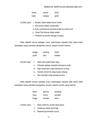 BMM3109 MORFOLOGI BAHASA MELAYU


                     keras           lemah         sihat
                     bijak           cergas        jahat


      Contoh ayat:    i. Budak nakal selalu kena marah
                      ii. Dia lemah dalam matematik
                      iii. Kubu pertahanan pemberontak itu amat kuat.
                      iv. Anak Pak Kamar bijak sekali.
                      v. Peserta itu berdiri dengan cergas.


      Kata adjektif warna sebagai unsur keterangan kepada kata nama ialah
perkataan yang memberi pengertian warna, seperti contoh berikut:


                      jingga         perang        hitam
                      putih          biru          kelabu


      Contoh ayat:     i.      Adik suka pakai baju hijau.
                       ii.     Pakaian pelajar sekolah berwarna putih.
                       iii.    Baju kesukaan saya berwarna kuning.
                       iv. Kereta merah itu kepunyaan abang.
                       v.      Dia memiliki mata berwarna biru.


      Kata adjektif ukuran sebagai unsur keterangan kepada kata nama ialah
perkataan yang memberi pengertian ukuran, seperti contoh yang berikut:


                      tebal          gemuk         panjang
                      nipis          kurus         pendek
                      tinggi         rendah        kecil


      Contoh ayat:     i.      Buku tebal itu sudah saya baca.
                       ii.     Anaknya masih kecil lagi.
                       iii.    Badannya semakin kurus.

                                            71
 