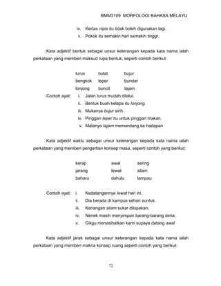 BMM3109 MORFOLOGI BAHASA MELAYU


                      iv. Kertas nipis itu tidak boleh digunakan lagi.
                          v. Pokok itu semakin hari semakin tinggi.


      Kata adjektif bentuk sebagai unsur keterangan kepada kata nama ialah
perkataan yang memberi maksud rupa bentuk, seperti contoh berikut:


                     lurus           bulat             bujur
                     bengkok         leper             bundar
                     lonjong         buncit            tajam
      Contoh ayat:        i.   Jalan lurus mudah dilalui.
                          ii. Bentuk buah kelapa itu lonjong.
                          iii. Mukanya bujur sirih.
                          iv. Pinggan leper itu untuk pinggan makan.
                           v. Matanya tajam memandang ke hadapan


      Kata adjektif waktu sebagai unsur keterangan kepada kata nama ialah
perkataan yang memberi pengertian konsep masa, seperti contoh yang berikut:


                     kerap                    awal             sering
                     jarang                   lewat            silam
                     baharu                   dahulu           lampau


      Contoh ayat:   i.        Kedatangannya lewat hari ini.
                     ii.       Dia berada di kampus sehari suntuk.
                     iii.      Kenangan silam sukar dilupakan.
                     iv.       Nenek masih menyimpan barang-barang lama.
                     v.        Cikgu menasihatkan kami supaya datang awal


      Kata adjektif jarak sebagai unsur keterangan kepada kata nama ialah
perkataan yang memberi makna konsep ruang seperti contoh yang berikut:



                                             72
 