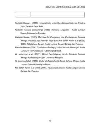 BMM3109 MORFOLOGI BAHASA MELAYU




Abdullah Hassan. (1980). Linguistik Am untuk Guru Bahasa Malaysia. Petaling
     Jaya: Penerbit Fajar Bakti.
Abdullah Hassan (penyunting) (1983). Rencana Linguistik.       Kuala Lumpur:
     Dewan Bahasa dan Pustaka.

Abdullah Hassan (2006). Morfologi:Siri Pengajaran dan Pembelajaran Bahasa
      Melayu. Petaling Jaya:Penerbit Fajar Bakti.Nik Safiah Karim et.al (1996;
      2006). Tatabahasa Dewan. Kuala Lumpur:Dewan Bahasa dan Pustaka.
Abdullah Hassan (2008). Tatabahasa Pedagogi untuk Sekolah Menengah.Kuala
      Lumpur:PTS Professional Publishing Sdn.Bhd.
Ali Mahmood et.al. (2007). Modul Pembelajaran Morfo Sintaksis Bahasa
      Melayu:Kuala Lumpur:Open University Malaysia.
Ali Mahmood et.al. (2010). Modul Morfologi dan Sintaksis Bahasa Melayu:Kuala
      Lumpur:Open University Malaysia
Nik Safiah Karim et.al (1996; 2006). Tatabahasa Dewan. Kuala Lumpur:Dewan
     Bahasa dan Pustaka




                                     82
 