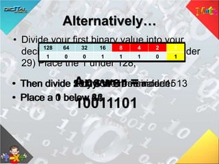Alternatively…
• Divide your first binary value into your
decimal number (157 / 128 = 1 remainder
29) Place the 1 under 128;
128 64 32 16 8 4 2 1
1 0 0 0 0 0 0 0
• Then divide 29 by 64 = 0
• Place a 0 below 64
128 64 32 16 8 4 2 1
1 0 0 0 0 0 0 0
• Then divide 29 by 32 = 0
• Place a 0 below 32
128 64 32 16 8 4 2 1
1 0 0 0 0 0 0 0
• Then divide 29 by 16 = 1 remainder 13
• Place a 1 below 16
128 64 32 16 8 4 2 1
1 0 0 1 0 0 0 0
• Then divide 13 by 8 = 1 remainder 5
• Place a 1 below 8
128 64 32 16 8 4 2 1
1 0 0 1 1 0 0 0
• Then divide 5 by 4 = 1 remainder 1
• Place a 1 below 4
128 64 32 16 8 4 2 1
1 0 0 1 1 1 0 0
• Then divide 1 by 2 = 0
• Place a 0 below 2
128 64 32 16 8 4 2 1
1 0 0 1 1 1 0 0
• Then divide 1 by 1 = 1
• Place a 1 below 1
128 64 32 16 8 4 2 1
1 0 0 1 1 1 0 1
Answer =
10011101
 