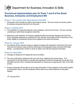 Provisional implementation plan for Parts 7 and 8 of the Small
Business, Enterprise and Employment Bill
Phase 1: Two months after Royal Assent of the Bill
1. Companies will no longer be able to issue bearer shares. The nine month conversion period
for existing companies will start from this point.
Phase 2: October 2015
2. The prohibition of corporate directors, with exceptions, will come into force. We are currently
consulting on what those exceptions should be.
3. Measures to aid resolution of company registered office and director disputes will come into
force; alongside measures to suppress the ‘day’ element of the date of birth of directors on the
public register at Companies House and to speed up the strike-off process.
Phase 3a: January 2016
4. Companies will be required to keep a register of people with significant control from this point.
They will not however need to file this information at Companies House until April 2016 (see
below) – providing three months in which to obtain and hold the required information.
Phase 3b: April 2016
5. Changes to Statement of Capital will come into effect.
6. The new confirmation statement will come into force, replacing the annual return. The
requirement to file information on people with significant control at Companies House will come
into effect as part of this, including the application of measures to suppress the ‘day’ of the date
of birth.
7. Private companies will be able to opt to keep information in their registers on the public register
at Companies House, and all companies will be able to put certain optional on the public
register.
15th
January 2015
1
 