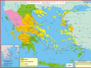 A Origem do Povo Grego
 Mistura do povo autóctone (Pelasgos), com os povos indo-
europeus que invadiram a Grécia a partir do 2º milénio a.C.
 Chamavam-se a si próprios Helenos
Dórios – Peloponeso
Aqueus
(Micénicos)-
Peloponeso
Eólios - Oeste
Jónios - Leste
 