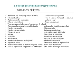 3. Solución del problema de mejora continua
•   Problemas con el hilado y mezcla de hilado    Disconformidad de personal
•    Fallas en tejeduria  Falta de escucha atenta de los problemas
•    Problemas con los encargados  Lucha de poder
•    Falta de espacio físico  Apuro para entregar
•    Tener gente capacitada para un buen control de calidad 
•    Cambios de humor en el personal jerárquico             Mejora de las condiciones de trabajo
•    Prendas mal cortadas Malos ejemplos
•    Prendas mal descrudadas Falta de compañerismo
•    Fallas de costuras Aprobación previa del hilado
•    Barrado Mal trabajo de remallado
•    Desteñida Falta de trabajo en equipo
•    Apelmazadas Ficha de producto completa
•    No hay mantenimiento de maquinas Problemas de medidas 
•    Repaso del hilado Metidas del dueño en la producción
•    Problemas de control de medidas luego del lavado Paños fuera de  medidas
•    Falta de capacitación del personal de la tintorería Mas tiempo para largar producción
TORMENTA DE IDEAS
 