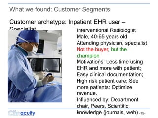 -19-
What we found: Customer Segments
Customer archetype: Inpatient EHR user –
Specialist Interventional Radiologist
Male,...