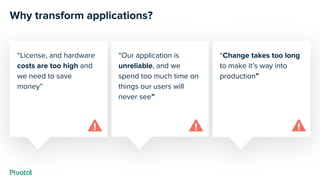 “Our application is
unreliable, and we
spend too much time on
things our users will
never see”
“License, and hardware
cost...