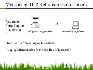 Measuring TCP Retransmission Timers
32
ellington.cs.virginia.edu satchmo.cs.virginia.edu
ftp session
from ellington
to satchmo
•Transfer file from ellington to satchmo
• Unplug Ethernet cable in the middle of file transfer
 
