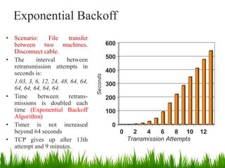 Exponential Backoff
• Scenario: File transfer
between two machines.
Disconnect cable.
• The interval between
retransmission attempts in
seconds is:
1.03, 3, 6, 12, 24, 48, 64, 64,
64, 64, 64, 64, 64.
• Time between retrans-
missions is doubled each
time (Exponential Backoff
Algorithm)
• Timer is not increased
beyond 64 seconds
• TCP gives up after 13th
attempt and 9 minutes.
0
100
200
300
400
500
600
Seconds
0 2 4 6 8 10 12
Transmission Attempts
33
 