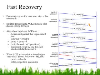 Fast Recovery
• Fast recovery avoids slow start after a fast
retransmit
• Intuition: Duplicate ACKs indicate that
data is getting through
• After three duplicate ACKs set:
– Retransmit packet that is presumed
lost
– ssthresh = cwnd/2
– cwnd = cwnd+3
– (note the order of operations)
– Increment cwnd by one for each
additional duplicate ACK
• When ACK arrives that acknowledges
“new data” (here: AckNo=6148), set:
cwnd=ssthresh
enter congestion avoidance
1K SeqNo=0
AckNo=1024
AckNo=1024
1K SeqNo=1024
SeqNo=2048
1K
AckNo=1024
SeqNo=3072
1K
SeqNo=4096
1K
1. duplicate
2. duplicate
AckNo=1024
SeqNo=1024
1K
SeqNo=5120
1K
3. duplicate
cwnd=12
sshtresh=5
cwnd=12
sshtresh=5
cwnd=12
sshtresh=5
cwnd=12
sshtresh=5
cwnd=15
sshtresh=6
AckNo=6148cwnd=6
sshtresh=6
ACK for new data
47
 