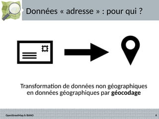 Données « adresse » : pour qui ? 
Transformation de données non géographiques 
en données géographiques par géocodage 
Ope...