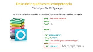 This is our vision
Building the foundation to Build a 3B Company by FY20
Descubrir quién es mi competencia
Título: Ipod Shuffle 2gb Apple
curl https://api.mercadolibre.com/sites/MCO/search?q=Ipod Shuffle 2gb Apple
"query": "Ipod Shuffle 2gb Apple",
"paging": {
"total": 119,
…
"results": [
{
"id": "MLM496302705",
"site_id": "MCO",
"title": "Ipod Shuffle 2gb 5ta Generacion Apple",
"seller": {
"id": 123123123 Mi competencia
 