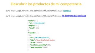 This is our vision
Building the foundation to Build a 3B Company by FY20
Descubrir los productos de mi competencia
curl https://api.mercadolibre.com/sites/MCO/search?seller_id=123123123
curl https://api.mercadolibre.com/sites/MCO/search?nickname=MI_COMPETENCIA_NICKNAME
"seller": - {
"id": "123123123",
"paging": - {
"total": 106,
},
"results": - [
- {
"id": "MCO412341431",
"title": "Ipod Shuffle 2gb Apple",
"price": 179.99,
"available_quantity": 96,
"sold_quantity": 869,
...
 