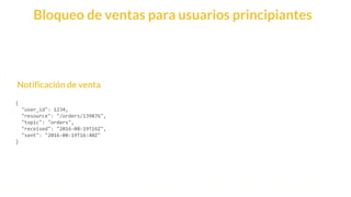 This is our vision
Building the foundation to Build a 3B Company by FY20
Notificación de venta
{
"user_id": 1234,
"resource": "/orders/139876",
"topic": "orders",
"received": "2016-08-19T16Z",
"sent": "2016-08-19T16:40Z"
}
Bloqueo de ventas para usuarios principiantes
 