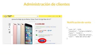 This is our vision
Building the foundation to Build a 3B Company by FY20
Administración de clientes
{
"user_id": 1234,
"resource": "/orders/139876",
"topic": "orders",
"received": "2016-08-19T16Z",
"sent": "2016-08-19T16:40Z"
}
Notificación de venta
 