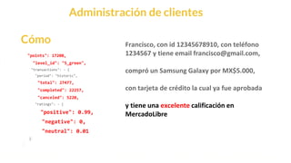 This is our vision
Building the foundation to Build a 3B Company by FY20
Administración de clientes
Cómo
"points": 17208,
"level_id": "5_green",
"transactions": - {
"period": "historic",
"total": 27477,
"completed": 22257,
"canceled": 5220,
"ratings": - {
"positive": 0.99,
"negative": 0,
"neutral": 0.01
}
Francisco, con id 12345678910, con teléfono
1234567 y tiene email francisco@gmail.com,
compró un Samsung Galaxy por MX$5.000,
con tarjeta de crédito la cual ya fue aprobada
y tiene una excelente calificación en
MercadoLibre
 