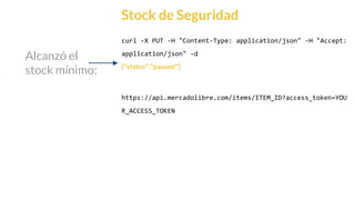 This is our vision
Building the foundation to Build a 3B Company by FY20
Stock de Seguridad
curl -X PUT -H "Content-Type: application/json" -H "Accept:
application/json" -d
{"status":"paused"}
https://api.mercadolibre.com/items/ITEM_ID?access_token=YOU
R_ACCESS_TOKEN
Alcanzó el
stock mínimo:
 