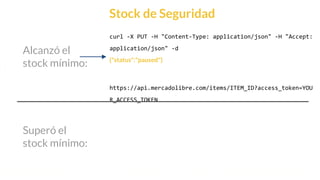 This is our vision
Building the foundation to Build a 3B Company by FY20
Stock de Seguridad
curl -X PUT -H "Content-Type: application/json" -H "Accept:
application/json" -d
{"status":"paused"}
https://api.mercadolibre.com/items/ITEM_ID?access_token=YOU
R_ACCESS_TOKEN
Alcanzó el
stock mínimo:
Superó el
stock mínimo:
 