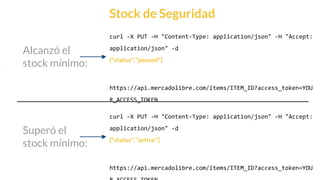 This is our vision
Building the foundation to Build a 3B Company by FY20
Stock de Seguridad
curl -X PUT -H "Content-Type: application/json" -H "Accept:
application/json" -d
{"status":"paused"}
https://api.mercadolibre.com/items/ITEM_ID?access_token=YOU
R_ACCESS_TOKEN
Alcanzó el
stock mínimo:
curl -X PUT -H "Content-Type: application/json" -H "Accept:
application/json" -d
{"status":"active"}
https://api.mercadolibre.com/items/ITEM_ID?access_token=YOU
Superó el
stock mínimo:
 
