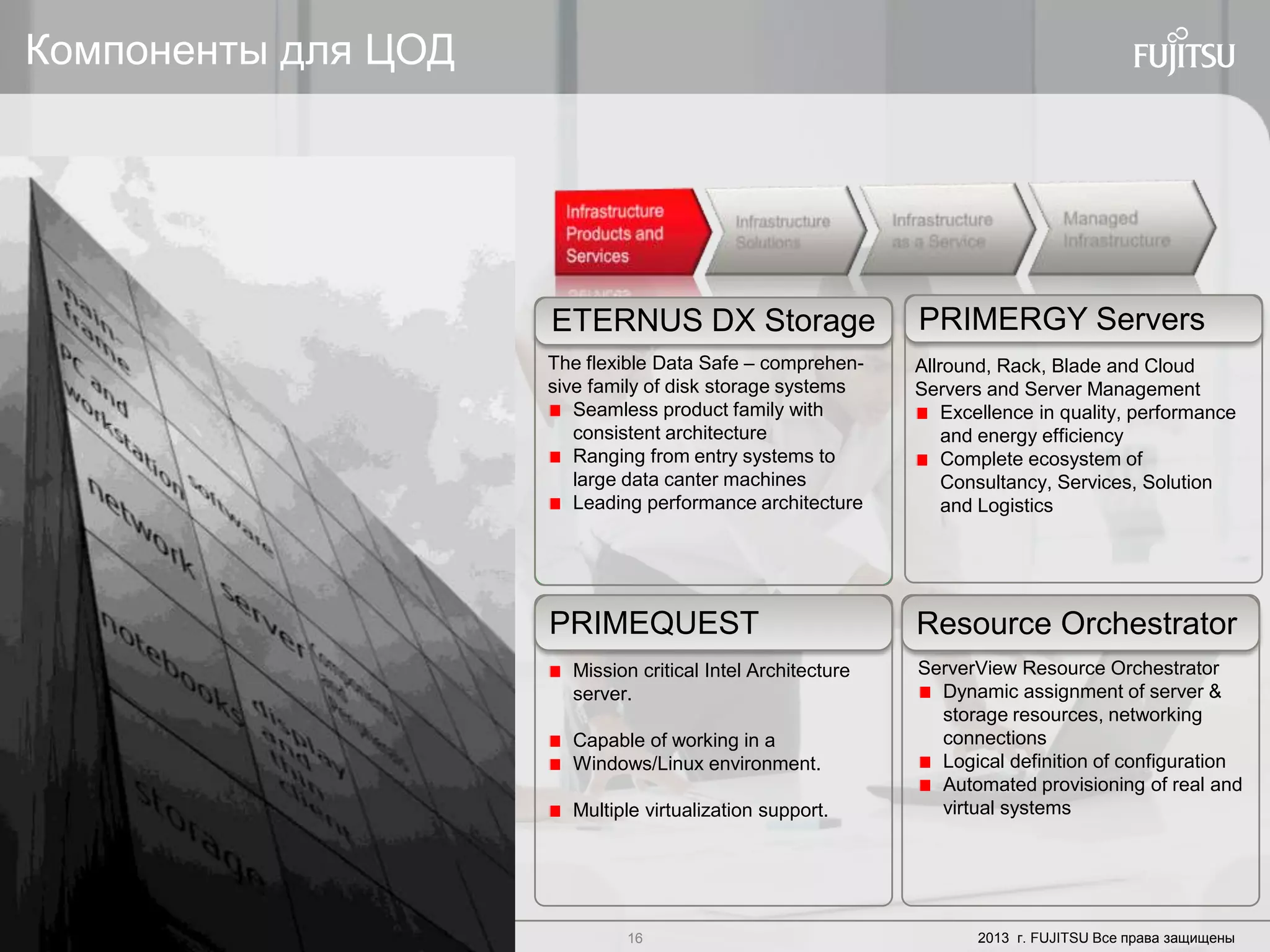 16 Copyright 2012 FUJITSU16 2013 г. FUJITSU Все права защищены
Компоненты для ЦОД
The flexible Data Safe – comprehen-
sive family of disk storage systems
Seamless product family with
consistent architecture
Ranging from entry systems to
large data canter machines
Leading performance architecture
Allround, Rack, Blade and Cloud
Servers and Server Management
Excellence in quality, performance
and energy efficiency
Complete ecosystem of
Consultancy, Services, Solution
and Logistics
ETERNUS DX Storage PRIMERGY Servers
Mission critical Intel Architecture
server.
Capable of working in a
Windows/Linux environment.
Multiple virtualization support.
PRIMEQUEST Resource Orchestrator
ServerView Resource Orchestrator
Dynamic assignment of server &
storage resources, networking
connections
Logical definition of configuration
Automated provisioning of real and
virtual systems
 