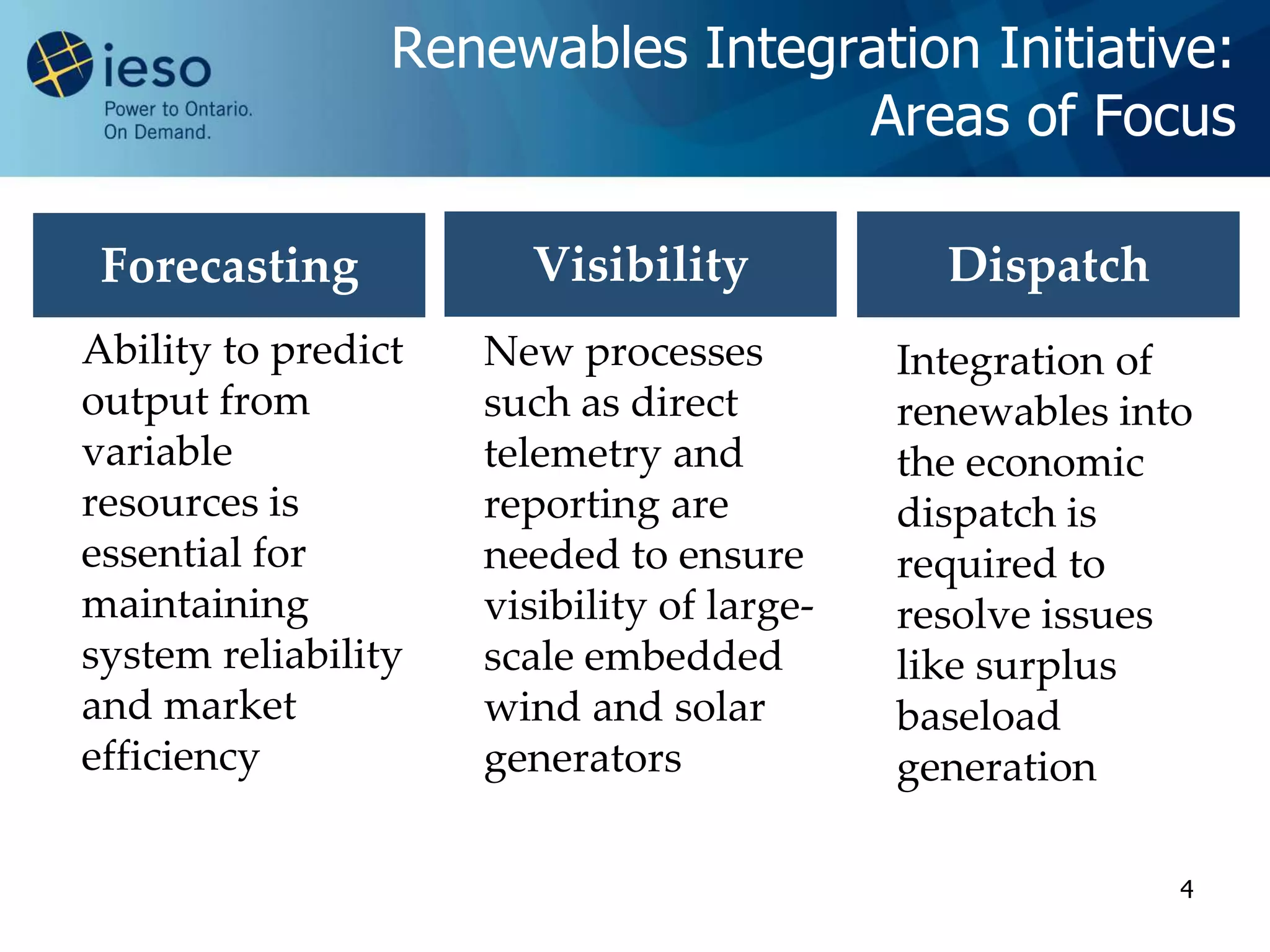 Renewables Integration Initiative:
                                  Areas of Focus

 Forecasting           Visibility             Dispatch
Ability to predict   New processes          Integration of
output from          such as direct         renewables into
variable             telemetry and          the economic
resources is         reporting are          dispatch is
essential for        needed to ensure       required to
maintaining          visibility of large-   resolve issues
system reliability   scale embedded         like surplus
and market           wind and solar         baseload
efficiency           generators             generation

                                                          4
 