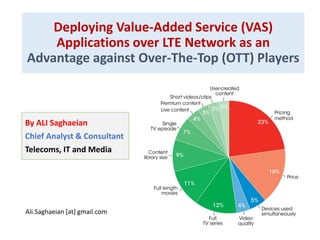 Deploying Value-Added Service (VAS)
Applications over LTE Network as an
Advantage against Over-The-Top (OTT) Players
By ALI Saghaeian
Chief Analyst & Consultant
Telecoms, IT and Media
Ali.Saghaeian [at] gmail.com
 