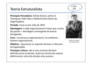 Teoria Estruturalista
Principais Pensadores: Amitai Etzioni, James D.
Thompson, Peter Blau e Richard Scott (Teoria da
Organizações).
Período: inicia-se por volta de 1947.
Abordagem: o todo organizacional é maior que a soma
das partes – abordagem convergente de teorias
divergentes.
Foco: na estrutura organizacional / no ambiente –
homem organizacional.
Objetivo: equacionar os aspectos formais e informais
da organização.
Principais críticas: não é uma corrente tão bem
definida como as demais, tanto em termos de autores
(defensores), como de estudos e/ou autores.
Créditos da Imagem:
Site Amitai Etzioni
P. 268 -
299.
 