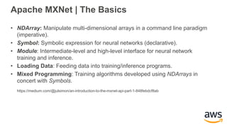 Apache MXNet | The Basics
Apache MXNet | The Basics
• NDArray: Manipulate multi-dimensional arrays in a command line parad...