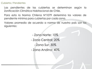 Cubierta / Pendientes
Las pendientes de las cubiertas se determinan según la
Zonificación Climática Habitacional de Chile.
Para esto la Norma Chilena N°1079 determina los valores de
pendiente mínima para cubiertas por cada zona.
Valores promedio de acuerdo a norma de nuestro país son los
siguientes:
- Zona Norte: 10%
- Zona Central: 20%
- Zona Sur: 30%
- Zona Andina: 40%
 