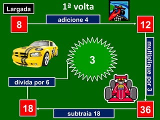 1ª volta adicione 4 multiplique por 3 subtraia 18 divida por 6 8 ? ? ? Largada Chegada 12 36 18 3 