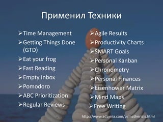Применил Техники
Time Management          Agile Results
Getting Things Done      Productivity Charts
 (GTD)                    SMART Goals
Eat your frog            Personal Kanban
Fast Reading             Сhronometry
Empty Inbox              Personal Finances
Pomodoro                 Eisenhower Matrix
ABC Prioritization       Mind Maps
Regular Reviews          Free Writing
                       http://www.adzynia.com/p/matherials.html
 