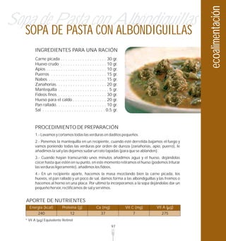 ecoalimentación
Sopa de Pasta con Albóndiguillas
   SOPA DE PASTA CON ALBÓNDIGUILLAS
         INGREDIENTES PARA UNA RACIÓN
         Carne picada . . . . . . . . . . . . . . . . . . . 30 gr.
         Huevo crudo . . . . . . . . . . . . . . . . . . . 10 gr.
         Apios . . . . . . . . . . . . . . . . . . . . . . . . . 10 gr.
         Puerros . . . . . . . . . . . . . . . . . . . . . . . 15 gr.
         Nabos . . . . . . . . . . . . . . . . . . . . . . . . 15 gr.
         Zanahorias. . . . . . . . . . . . . . . . . . . . . 20 gr.
         Mantequilla . . . . . . . . . . . . . . . . . . . . . 5 gr.
         Fideos finos . . . . . . . . . . . . . . . . . . . . 30 gr.
         Hueso para el caldo . . . . . . . . . . . . . . 20 gr.
         Pan rallado. . . . . . . . . . . . . . . . . . . . . 10 gr.
         Sal . . . . . . . . . . . . . . . . . . . . . . . . . . 0,5 gr.



         PROCEDIMIENTO DE PREPARACIÓN
         1.- Lavamos y cortamos todas las verduras en daditos pequeños.
         2.- Ponemos la mantequilla en un recipiente, cuando esté derretida bajamos el fuego y
         vamos poniendo todas las verduras por orden de dureza (zanahorias, apio, puerro), le
         añadimos la sal y las dejamos sudar un rato tapadas (para que se ablanden).
         3.- Cuando hayan transcurrido unos minutos añadimos agua y el hueso, dejándolas
         cocer hasta que estén en su punto, en este momento retiramos el hueso (podemos triturar
         las verduras ligeramente), añadimos los fideos.
         4.- En un recipiente aparte, hacemos la masa mezclando bien la carne picada, los
         huevos, el pan rallado y un poco de sal, damos forma a las albondiguillas y las freímos o
         hacemos al horno en una placa. Por ultimo la incorporamos a la sopa dejándolas dar un
         pequeño hervor, rectificamos de sal y servimos.


   APORTE DE NUTRIENTES
     Energía (kcal)          Proteína (g)              Ca (mg)             Vit C (mg)   Vit A ( g)
             240                   12                      37                  7          275
   * Vit A     Equivalente Retinol
                                                                   97
 