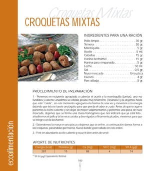 Croquetas Mixtas
                  CROQUETAS MIXTAS
                                                                   INGREDIENTES PARA UNA RACIÓN
                                                                   Pollo limpio . . . . . . . . . . . . . . . . . . . . . 30 gr.
                                                                   Ternera . . . . . . . . . . . . . . . . . . . . . . . . 30 gr.
                                                                   Mantequilla. . . . . . . . . . . . . . . . . . . . . . 5 gr.
                                                                   Aceite . . . . . . . . . . . . . . . . . . . . . . . . . 5 ml.
                                                                   Cebollas . . . . . . . . . . . . . . . . . . . . . . . 15 gr.
                                                                   Harina bechamel. . . . . . . . . . . . . . . . . 15 gr.
                                                                   Harina para empanado . . . . . . . . . . . . . 5 gr.
                                                                   Leche. . . . . . . . . . . . . . . . . . . . . . . . . 50 ml.
                                                                   Sal . . . . . . . . . . . . . . . . . . . . . . . . . . . 0,5 gr.
                                                                   Nuez moscada . . . . . . . . . . . . . . . Una pizca
                                                                   Huevos . . . . . . . . . . . . . . . . . . . . . . . . . 4 gr.
                                                                   Pan rallado . . . . . . . . . . . . . . . . . . . . . . 5 gr.


                   PROCEDIMIENTO DE PREPARACIÓN
                   1.- Ponemos en recipiente apropiado a calentar el aceite y la mantequilla (juntos), una vez
                   fundidos y caliente añadimos la cebolla picada muy finamente ( brunoise) y la dejamos hasta
                   que esté “caída”, en este momento agregamos la harina de una vez y movemos con energía
                   dejando que ésta se tueste un poquito para que pierda el sabor a crudo. Antes de que se agarre
                   ponemos la leche caliente y sin dejar de mover salpimentamos y ponemos una pizca de nuez
                   moscada, dejamos que se forme una masa homogénea que nos indicará que ya está lista ,
                   añadiremos el pollo y la ternera cocidos y desmigados o finamente picados, movemos para que
                   se integre con la bechamel.
ecoalimentación




                   2.- Extendemos la masa en una placa y dejamos que se enfríe, a continuación damos forma a
                   las croquetas, pasándolas por harina, huevo batido y pan rallado en este orden.
                   3.- Freír en abundante aceite caliente y escurrir bien antes de servir.


                   APORTE DE NUTRIENTES
                     Energía (kcal)        Proteína (g)            Ca (mg)              Vit C (mg)              Vit A ( g)
                             287                15                   88                       4                      74
                   * Vit A     Equivalente Retinol
                                                             100
 
