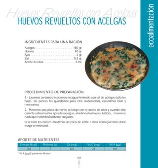 ecoalimentación
Huevos Revueltos con Acelgas
  HUEVOS REVUELTOS CON ACELGAS
            INGREDIENTES PARA UNA RACIÓN
            Acelgas . . . . . . . . . . . . . . . . . . . . . . 150 gr.
            Huevos. . . . . . . . . . . . . . . . . . . . . . . . 40 gr.
            Ajos . . . . . . . . . . . . . . . . . . . . . . . . . . . 2 gr.
            Sal . . . . . . . . . . . . . . . . . . . . . . . . . . 0,3 gr.
            Aceite de oliva. . . . . . . . . . . . . . . . . . . 6 ml.




            PROCEDIMIENTO DE PREPARACIÓN
            1.- Lavamos cortamos y cocemos en agua hirviendo con sal las acelgas (sólo las
            hojas, las pencas las guardamos para otra elaboración), escurrimos bien y
            reservamos.
            2.- Ponemos una placa de horno al fuego con el aceite de oliva y cuando esté
            caliente salteamos los ajos y las acelgas, añadimos los huevos batidos, movemos
            hasta que estén debidamente cuajados.
            Si al batir los huevos añadimos un poco de leche o nata conseguiremos darle
            mayor cremosidad.



  APORTE DE NUTRIENTES
    Energía (kcal)              Proteína (g)               Ca (mg)             Vit C (mg)   Vit A ( g)
             138                       7                     137                  21          404
  * Vit A         Equivalente Retinol
                                                                      109
 