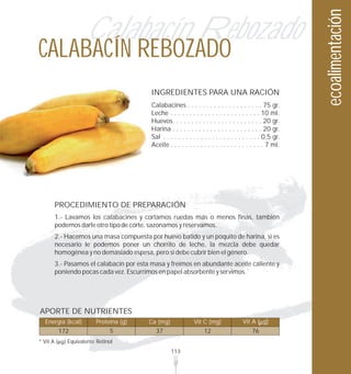 ecoalimentación
                     Calabacín Rebozado
CALABACÍN REBOZADO
                                            INGREDIENTES PARA UNA RACIÓN
                                            Calabacines . . . . . . . . . . . . . . . . . . . . 75 gr.
                                            Leche . . . . . . . . . . . . . . . . . . . . . . . . 10 ml.
                                            Huevos. . . . . . . . . . . . . . . . . . . . . . . . 20 gr.
                                            Harina . . . . . . . . . . . . . . . . . . . . . . . . 20 gr.
                                            Sal . . . . . . . . . . . . . . . . . . . . . . . . . . 0,5 gr.
                                            Aceite . . . . . . . . . . . . . . . . . . . . . . . . . 7 ml.




          PROCEDIMIENTO DE PREPARACIÓN
          1.- Lavamos los calabacines y cortamos ruedas más o menos finas, también
          podemos darle otro tipo de corte, sazonamos y reservamos.
          2.- Hacemos una masa compuesta por huevo batido y un poquito de harina, si es
          necesario le podemos poner un chorrito de leche, la mezcla debe quedar
          homogénea y no demasiado espesa, pero sí debe cubrir bien el género.
          3.- Pasamos el calabacín por esta masa y freímos en abundante aceite caliente y
          poniendo pocas cada vez. Escurrimos en papel absorbente y servimos.




APORTE DE NUTRIENTES
  Energía (kcal)          Proteína (g)     Ca (mg)              Vit C (mg)              Vit A ( g)
           172                 5              37                     12                      76
* Vit A       Equivalente Retinol
                                                     113
 