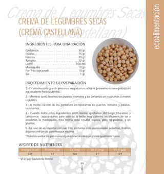 ecoalimentación
Crema DE LEGUMBRES SECAS Secas
  CREMA
         de Legumbres
    (Crema Castellana)
  (CREMA CASTELLANA)
        INGREDIENTES PARA UNA RACIÓN
        Garbanzos . . . . . . . . . . . . . . . . . . . . . . . . 30 gr.
        Patatas . . . . . . . . . . . . . . . . . . . . . . . . . . . 75 gr.
        Puerros. . . . . . . . . . . . . . . . . . . . . . . . . . . 30 gr.
        Tomates . . . . . . . . . . . . . . . . . . . . . . . . . . 30 gr.
        Leche . . . . . . . . . . . . . . . . . . . . . . . . . . 100 ml.
        Mantequilla . . . . . . . . . . . . . . . . . . . . . . . 10 gr.
        Pan frito (opcional) . . . . . . . . . . . . . . . . . . 10 gr.
        Sal . . . . . . . . . . . . . . . . . . . . . . . . . . . . . . . 1 gr.


        PROCEDIMIENTO DE PREPARACIÓN
        1.- En una marmita grande ponemos los garbanzos a hervir (previamente remojados) con
        agua caliente hasta cubrirlos.
        2.- Mientras tanto lavamos los puerros y tomates y los cortamos en trozos más o menos
        regulares.
        3.- A media cocción de los garbanzos incorporamos los puerros, tomates y patatas,
        sazonamos.
        4.- Cuando todos estos ingredientes estén tiernos apartamos del fuego trituramos y
        tamizamos ayudándonos para esto de la leche muy caliente, rectificamos de sal y
        añadimos la mantequilla. Esta crema debe resultar espesa, pero no pastosa, y sin
        grumos.
        5.-En caso de acompañar con pan frito, cortamos éste en rebanadas o daditos, freímos
        dejamos enfriar y lo ponemos por encima.
        *Podemos sustituir los garbanzos por judías blancas o lentejas. Estará igualmente buena.


   APORTE DE NUTRIENTES
    Energía (kcal)             Proteína (g)                 Ca (mg)               Vit C (mg)   Vit A ( g)
            329                      12                        189                   27          197
  * Vit A      Equivalente Retinol
                                                                         89
 