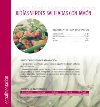 Judías Verdes Salteadas con Jamón
                  JUDÍAS VERDES SALTEADAS CON JAMÓN

                                                                 INGREDIENTES PARA UNA RACIÓN
                                                                 Judías verdes . . . . . . . . . . . . . . . . . . . 75 gr.
                                                                 Jamón serrano . . . . . . . . . . . . . . . . . . 15 gr.
                                                                 Ajo . . . . . . . . . . . . . . . . . . . . . . . . . . . . 1gr.
                                                                 Aceite . . . . . . . . . . . . . . . . . . . . . . . . . 5 ml.




                    PROCEDIMIENTO DE PREPARACIÓN
                    1.- Limpiamos y cocemos las judías verdes en agua hirviendo con sal hasta
                    que estén tiernas.
                    2.- Ponemos el aceite en una sartén y cuando esté caliente ponemos los
                    ajos picados y el jamón, rehogamos un poco antes de añadir las judías
                    verdes escurridas. Rectificamos si es necesario pero debemos tener en
                    cuenta que el jamón ya tiene sal.
ecoalimentación




                     APORTE DE NUTRIENTES
                      Energía (kcal)       Proteína (g)         Ca (mg)              Vit C (mg)               Vit A ( g)
                              91                6                 33                      16                       29
                    * Vit A    Equivalente Retinol
                                                          116
 