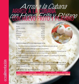 Arroz a la Cubana
                   ARROZ A LA CUBANA
                  con Huevo Frito Y PLÁTANO
                   CON HUEVO FRITO y Plátano
                    INGREDIENTES PARA UNA RACIÓN
                    Arroz . . . . . . . . . . . . . . . . . . . . . . . . . 50 gr.
                    Jamón cocido . . . . . . . . . . . . . . . . . . . 20 gr.
                    Ajo. . . . . . . . . . . . . . . . . . . . . . . . . . . . 2 gr.
                    Puré de tomate. . . . . . . . . . . . . . . . . . 30 gr.
                    Plátanos. . . . . . . . . . . . . . . . . . . . . . . 60 gr.
                    Huevos. . . . . . . . . . . . . . . . . . . . . . . . 65 gr.
                    Aceite . . . . . . . . . . . . . . . . . . . . . . . . 10 gr.
                    Sal . . . . . . . . . . . . . . . . . . . . . . . . . . . . 1 gr.


                    PROCEDIMIENTO DE PREPARACIÓN
                    1.- Cocemos el arroz en abundante agua hirviendo y un poco de sal.
                    2.- Refrescamos para evitar que se pase y escurrimos.
                    3.- Freímos los medios plátanos en aceite bien caliente, pasamos el jamón por la
                    plancha y calentamos la salsa de tomate (reservamos en caliente)
                    4.- Doramos los ajos laminados en el aceite caliente y a continuación añadimos
                    el arroz salteándolo.
                    5.- Freímos los huevos.
ecoalimentación




                    6.- Procedemos a emplatar, colocando el arroz en el centro, rodeamos con el
                    huevo, plátano y jamón york, napando (poner salsa por encima) el arroz blanco
                    con la salsa de tomate.

                    APORTE DE NUTRIENTES
                       Energía (kcal)            Proteína (g)               Ca (mg)     Vit C (mg)   Vit A ( g)
                              431                      15                      42           7           93
                    * Vit A       Equivalente Retinol
                                                                      126
 