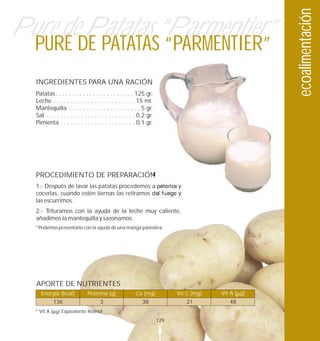 ecoalimentación
Puré de Patatas “Parmentier”
  PURÉ DE PATATAS “PARMENTIER”
  INGREDIENTES PARA UNA RACIÓN
  Patatas. . . . . . . . . . . . . . . . . . . . . . . 125 gr.
  Leche . . . . . . . . . . . . . . . . . . . . . . . . 15 ml.
  Mantequilla . . . . . . . . . . . . . . . . . . . . . 5 gr.
  Sal . . . . . . . . . . . . . . . . . . . . . . . . . . 0,2 gr.
  Pimienta . . . . . . . . . . . . . . . . . . . . . . 0,1 gr.




  PROCEDIMIENTO DE PREPARACIÓN
  1.- Después de lavar las patatas procedemos a pelarlas y
  cocerlas, cuando estén tiernas las retiramos del fuego y
  las escurrimos.
  2.- Trituramos con la ayuda de la leche muy caliente,
  añadimos la mantequilla y sazonamos.
  *Podemos presentarlo con la ayuda de una manga pastelera.




  APORTE DE NUTRIENTES
    Energía (kcal)           Proteína (g)              Ca (mg)            Vit C (mg)   Vit A ( g)
            136                     3                      38                21           48
  * Vit A      Equivalente Retinol
                                                                    129
 